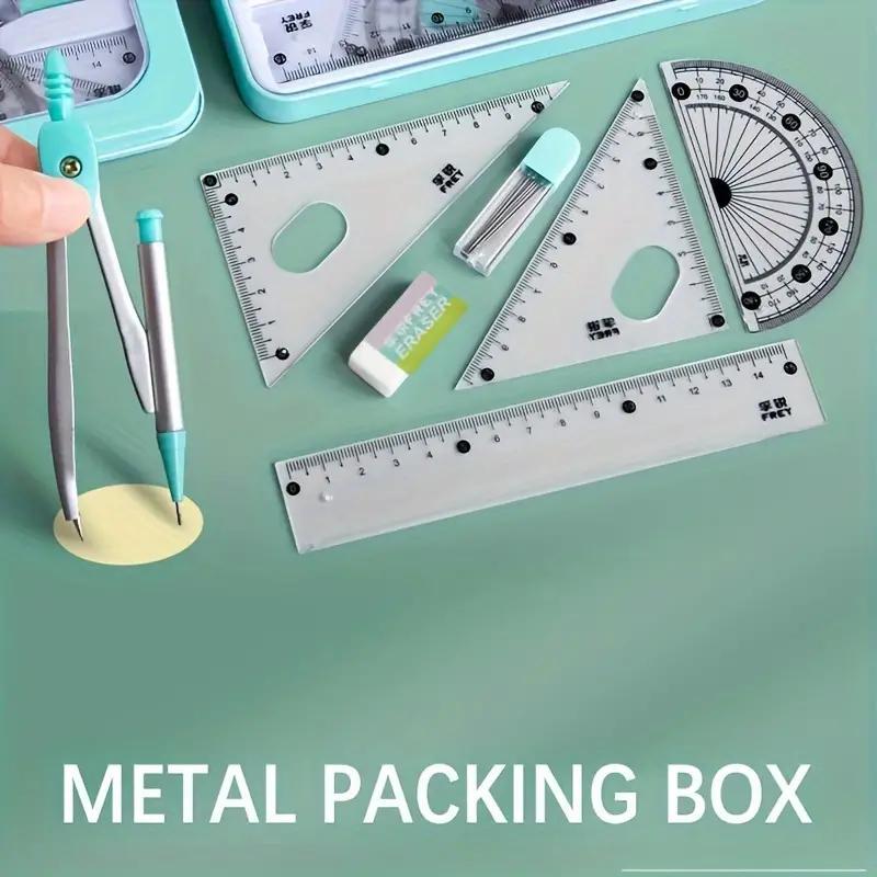 Ruler Set with Storage Box, Measuring Ruler, 7 Counts/set Including Compass & Ruler & Protractor & Eraser & Refill, Stationery Supplies for School Students Dormitory Home Office