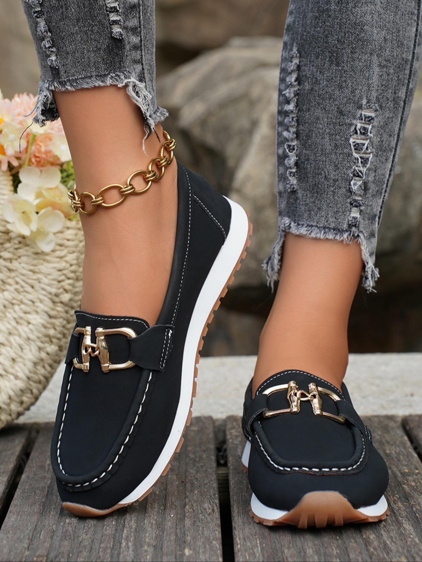 Women's Casual Slip-On Round Toe Loafers, PU Leather Comfortable Wedge Heel Shoes, Metal Buckle Decor, All Season Footwear