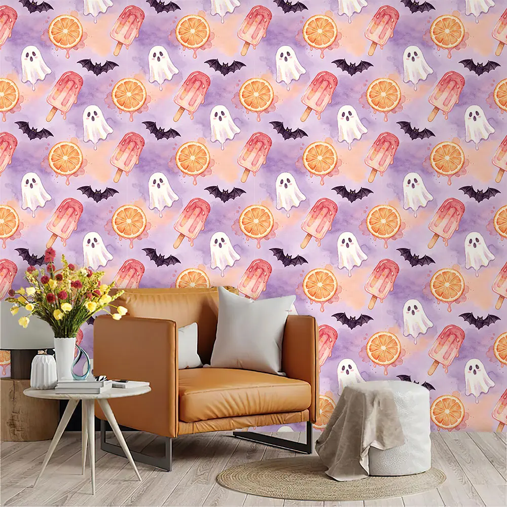 Orange Background Halloween Ghost Popsicle Repeating Pattern PVC Self-Adhesive Wallpaper, Peel Stick Decor Sticker For Indoor Walls Furniture DIY Decor