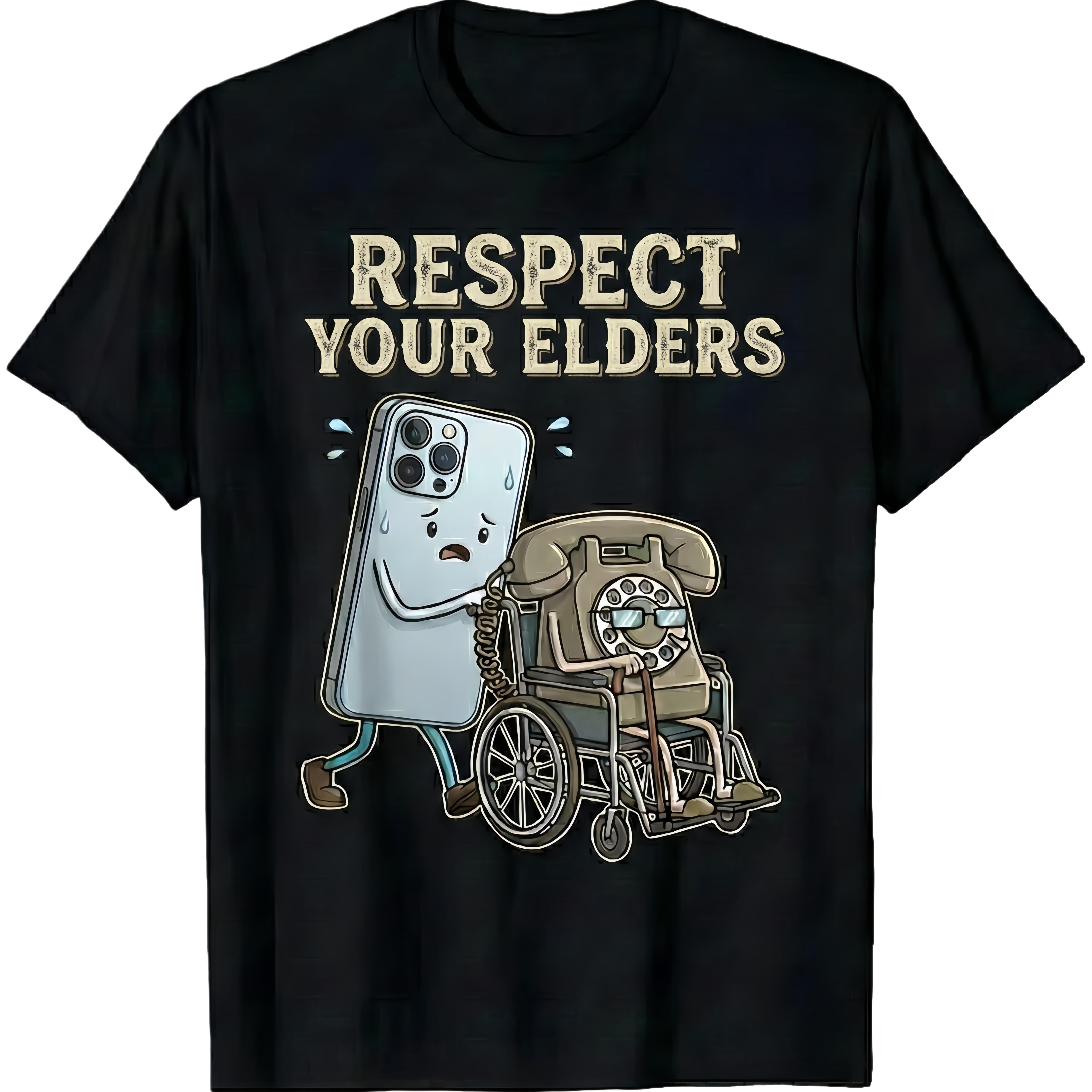 Respect Your Elders" Tech T-Shirt - Modern Smartphone & Retro Rotary Phone Design - Unique Gadget Evolution Humor Tee - Soft Cotton Graphic Shirt for Techies & Geeks Vintage Casual Bear Unisex Short Round Neck