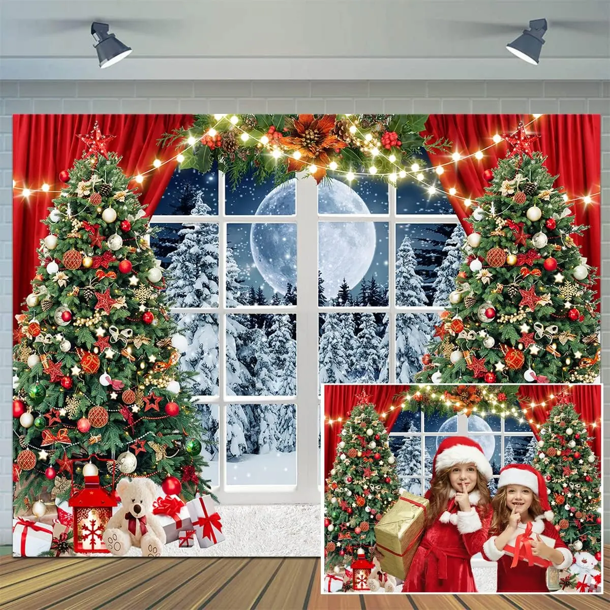 7x5ft Christmas Backdrop Christmas Window Backdrop for Photography Winter Xmas Tree Snow   Year Party Backdrops Xmas Night Family Party Background