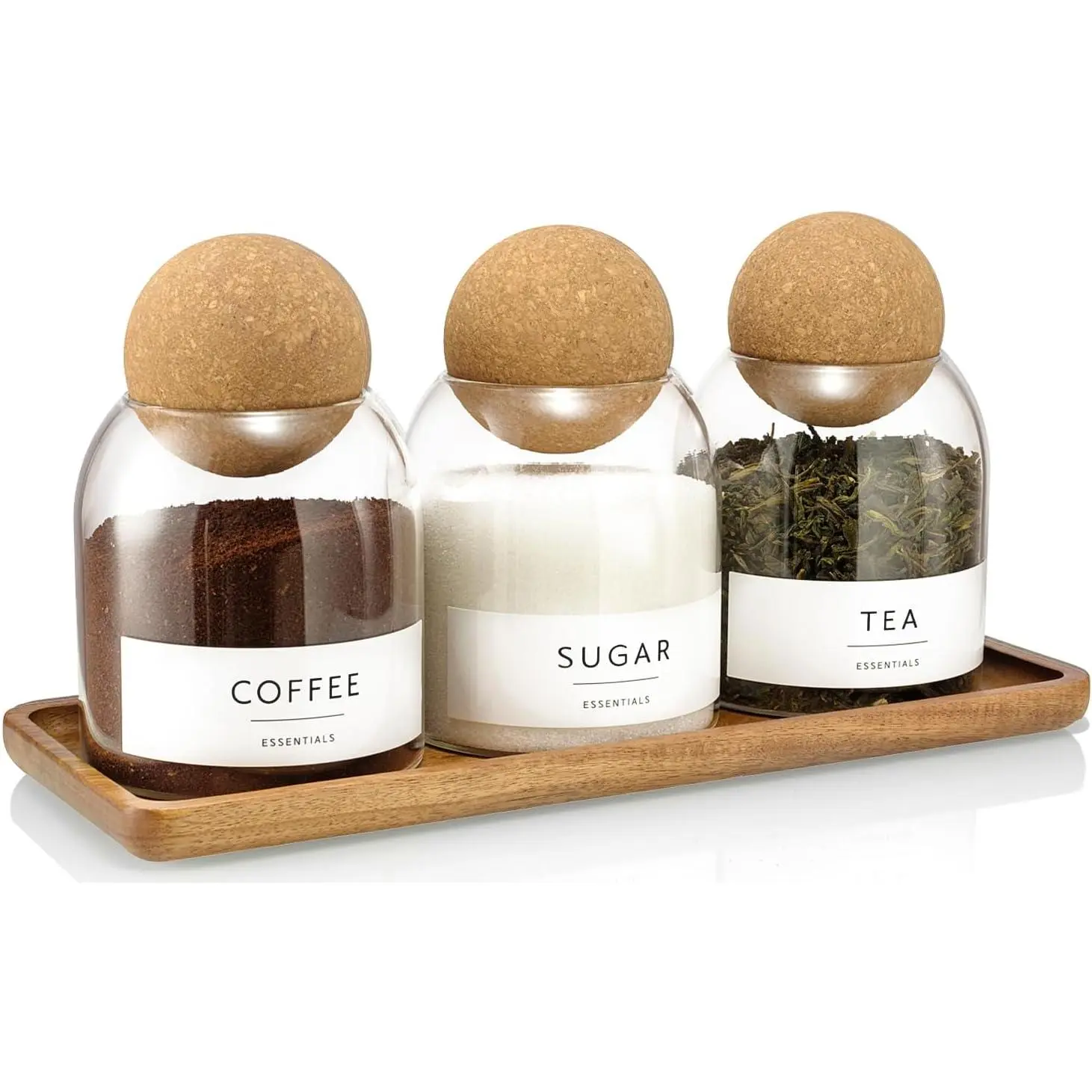 3 Pack Glass Jars with Cork Ball , 17oz  Coffee Sugar Container Set | Decorative Coffee and Sugar Jars, Glass Coffee Bar Containers with Acacia Tray, Small Glass Storage Jars, Sugar Holder