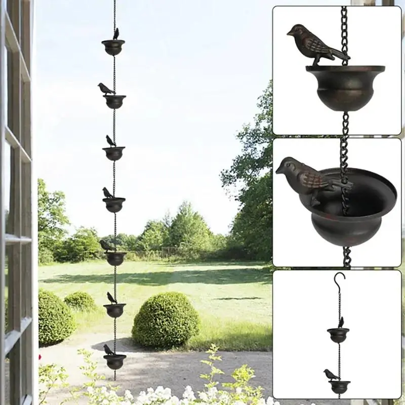 Bird Rain Chain for Gutters – Decorative Outdoor Rainwater Chain with Hanging Cup Bell, Rustic Garden Decor for Patio, Backyard, Farmhouse & Yard