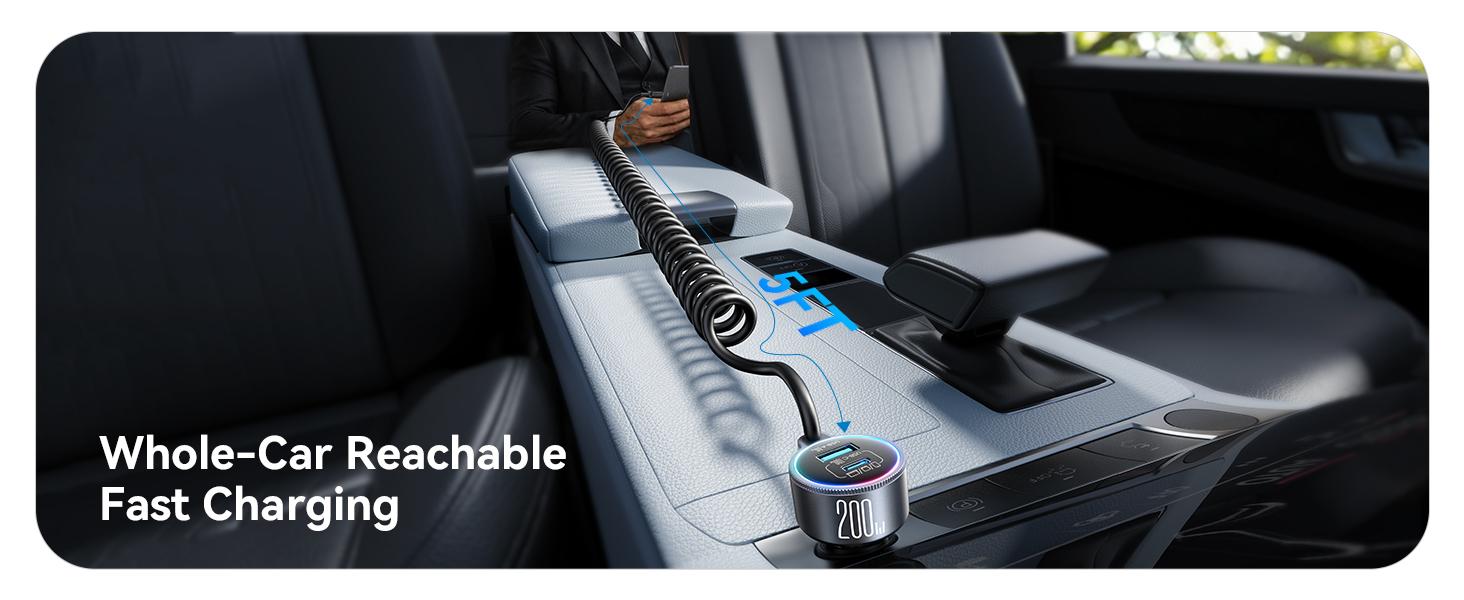 200W Car Charger USB C, PD100W Fast Charge w/100W Type C Fast Charging 5FT Coiled Cable, PD3.0/QC4.0/PPS Cigarette Lighter Phone Adapter for iPhone 17/16 ProMax, MacBook Pro/Air, Samsung S26/S25, iPad