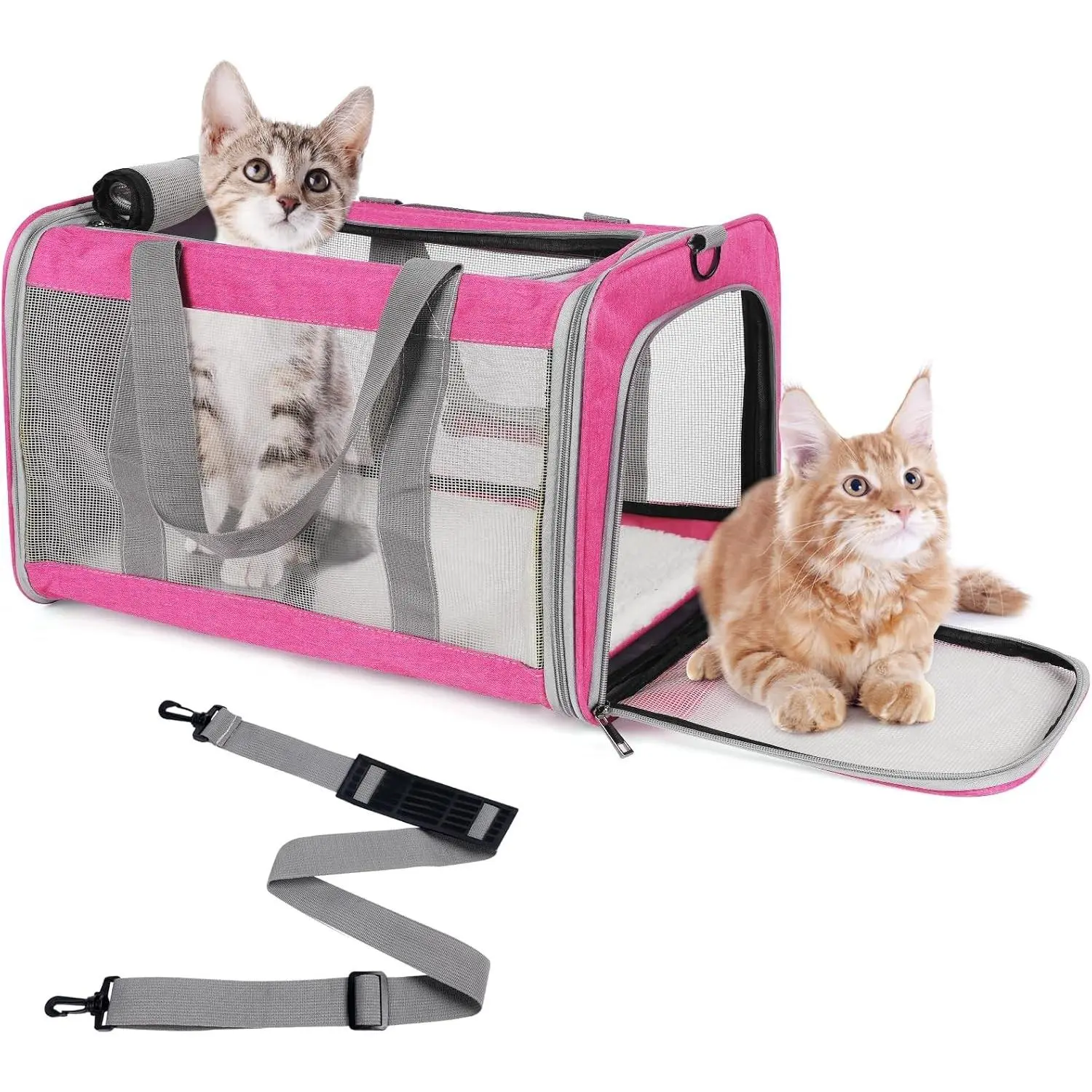 Soft Sided Collapsible Pet Carrier for Large Cats up to 16 Lbs, Medium Cats Kittens Puppy Travel Carrier Bag with Sturdy Transport Strap, Adequate Ventilation 4 Mesh Windows Pink