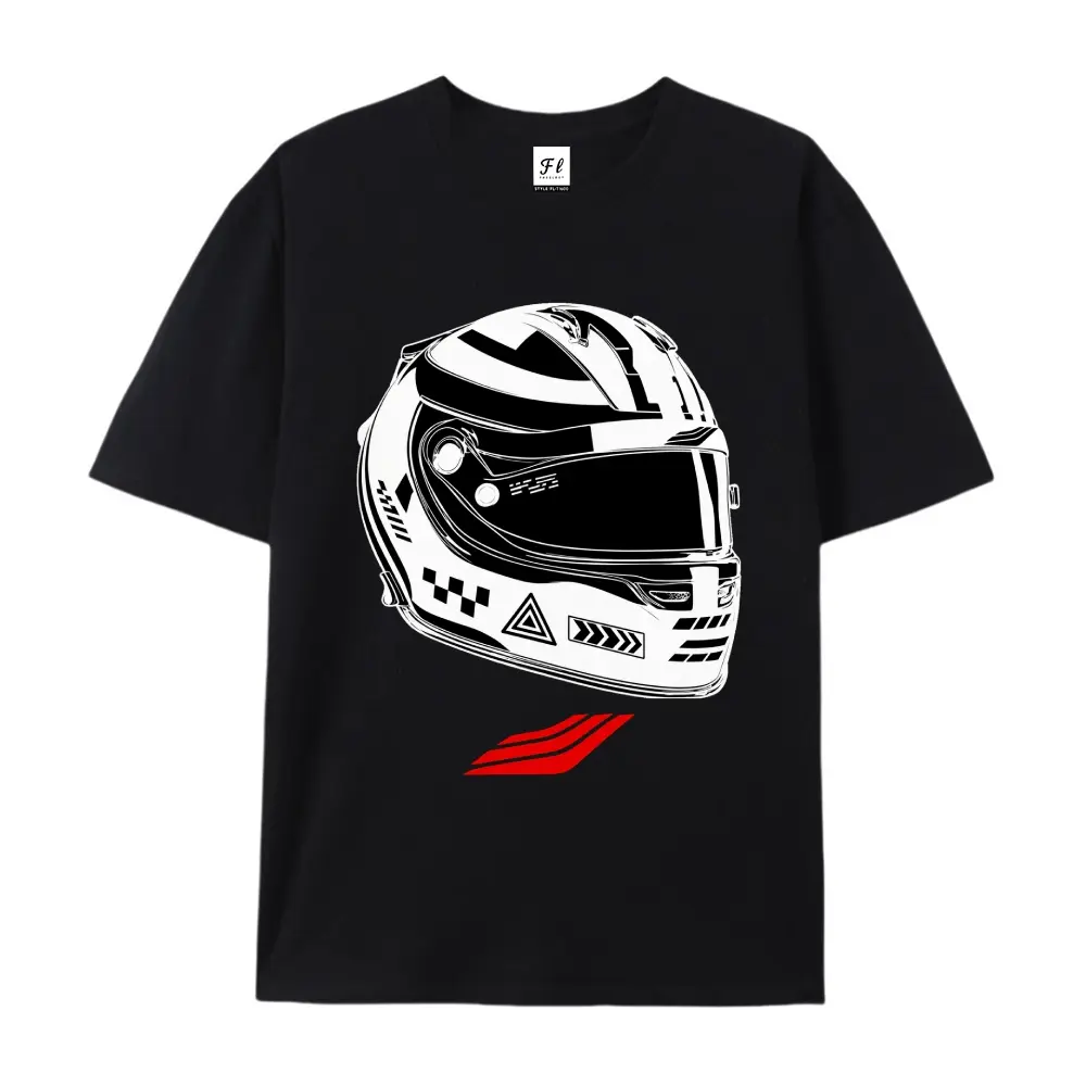 Men’s Racing Helmet Graphic T Shirt, 100% Cotton Oversized Streetwear Tee, Motorsport Inspired Short Sleeve Crew Neck Unisex Casual Top
