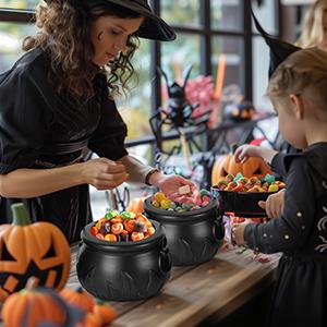 Halloween Decorations Indoor,Halloween Decor- Set of 3 Halloween Witches Cauldron Candy Serving Bowls on Rack,Black Plastic Cauldron with Skeletons for Indoor Outdoor Home Kitchen Decoration
