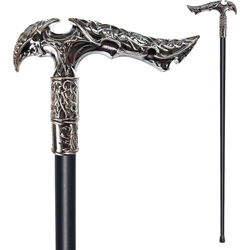 Heavy Duty Walking Cane, 36.5 in Zinc Alloy Hiking Stick, 500+ lbs Capacity, Ergonomic Handle, Fashionable Goth Gothic Aesthetic Matte Black-Silver Metal, Canes for Seniors, Durable Walking Sticks for Men Women