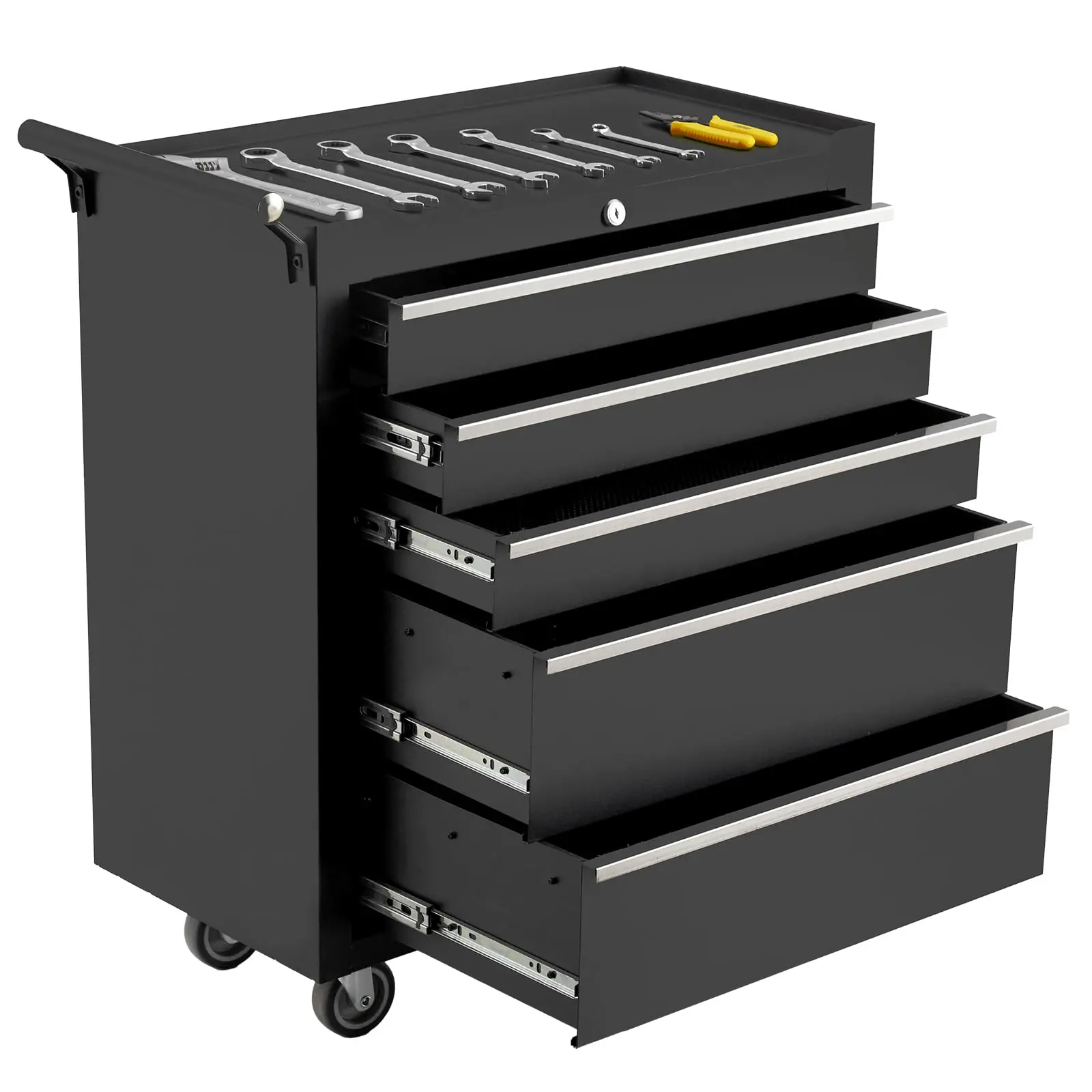 Durable Steel 26-Inch 5-Drawer Rolling Workbench Toolbox - Spacious Metal Organizer with Lockable Wheels, Auto Lock System - Storage Cabinet for Garage, Workshop