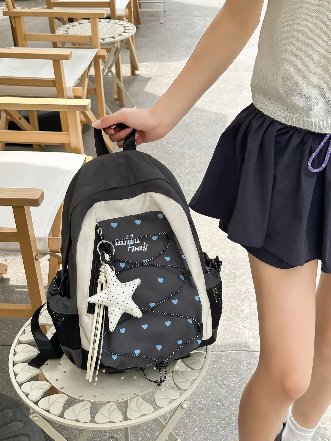 1pc Dark Grey Soft Fabric Women Backpack, Front Heart Print Pocket Adjustable Shoulder Straps With Star Pendant Spacious Structured Bag Multiple Storage Zones Casual, Stylish Daypack For Girls School Daily Commute Short Trips