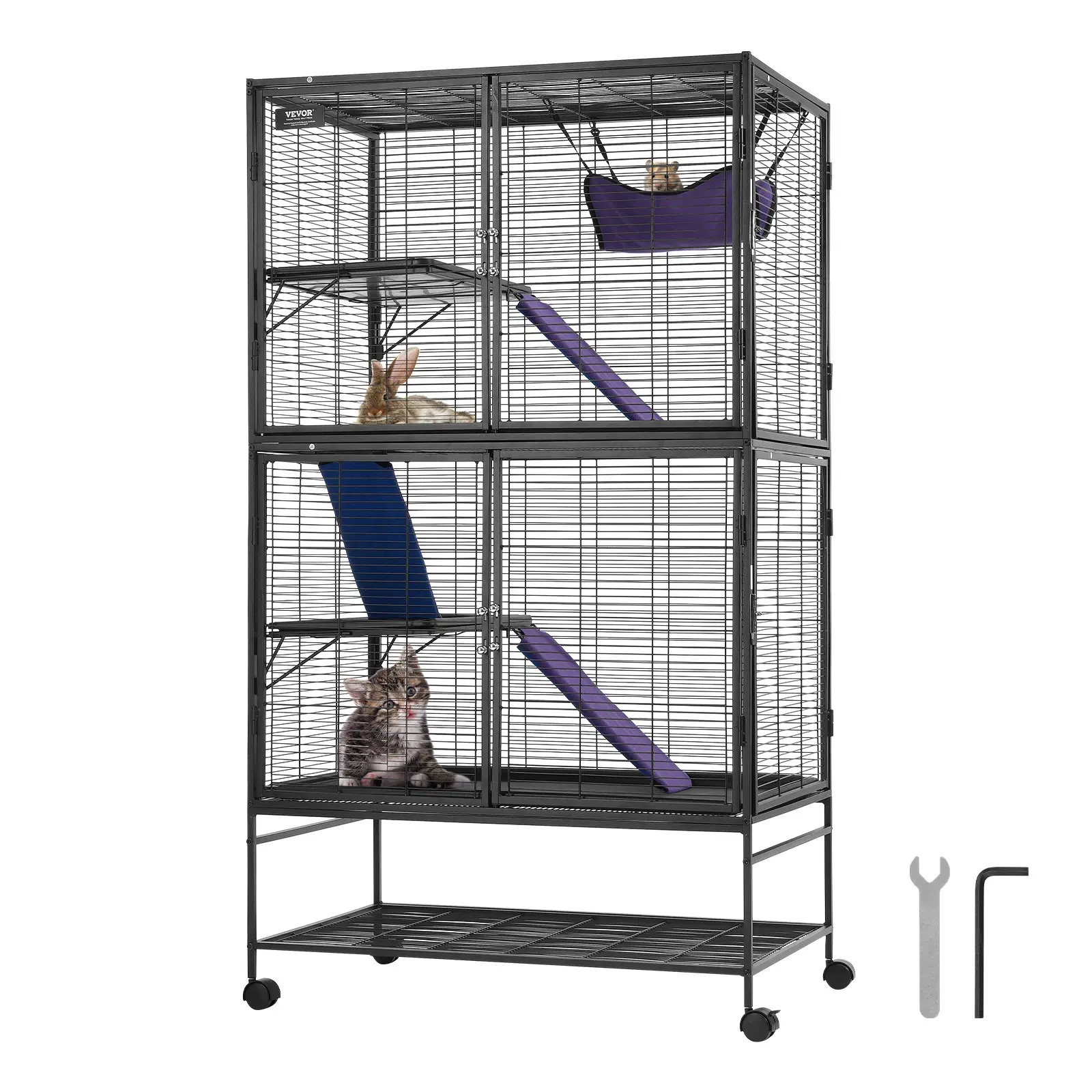 VEVOR 64.6" Rolling Metal Ferret Cage, Large 4-Tier Cage, Small Animal Cage with Ramps Tray, Easy to Set up for Pet Rats, Hamster, Guinea Pig, Chinchilla, Squirrel, Hedgehogs, Bunny