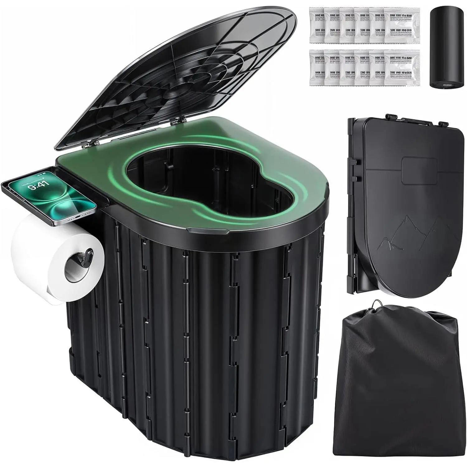 Camping toilet, adult portable toilet, portable travel folding toilet with lid and paper holder, compact car potty, suitable for camping, hiking, trucks, RVs, and beaches