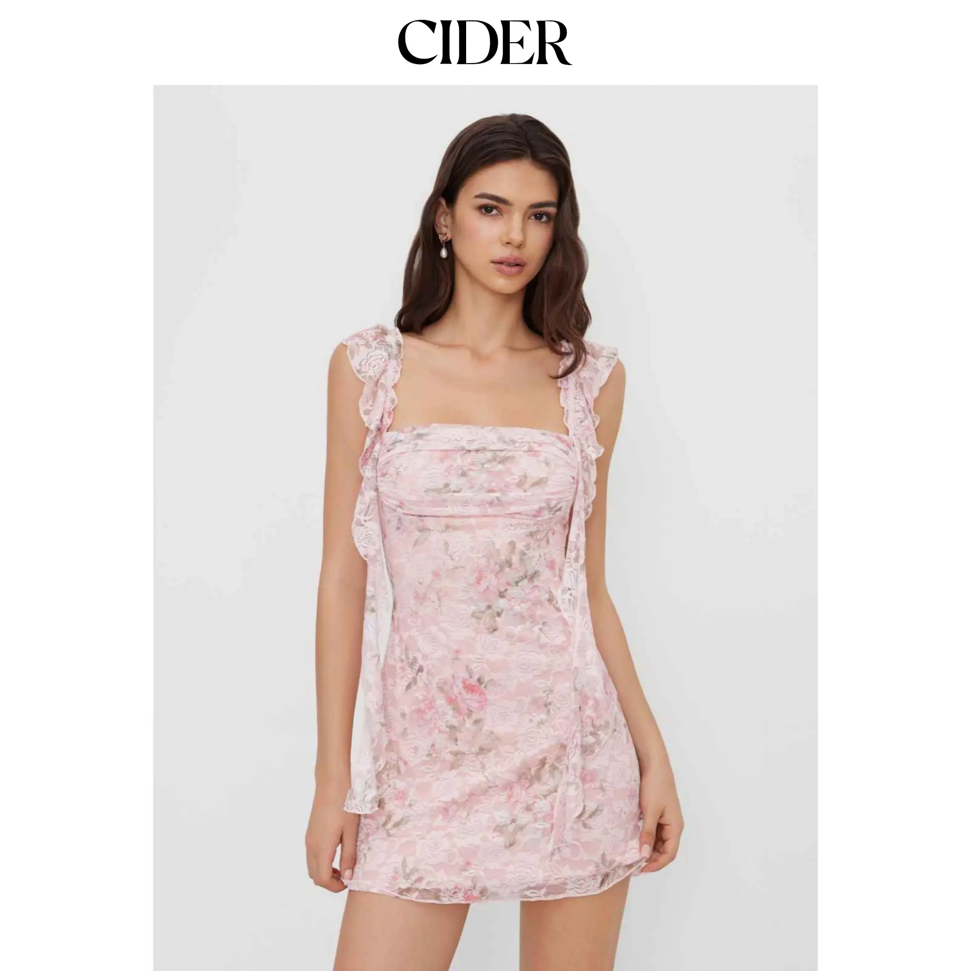 Cider Square Neck Lace Floral Ruffle Hem Ruched Mini Dress SohoChic