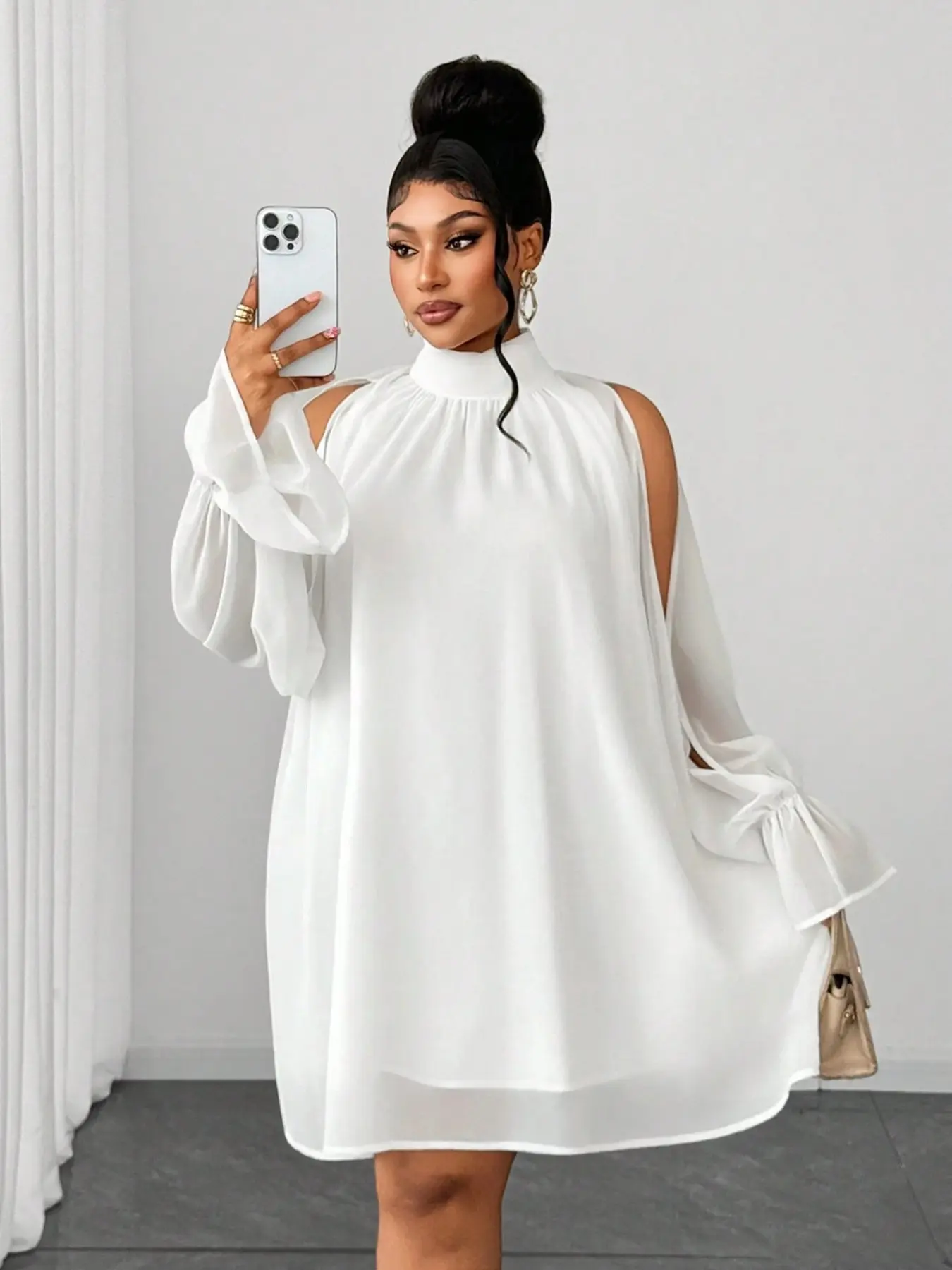 Plus Size Women's Elegant Chiffon Open Shoulder Dress, Loose Flare Sleeve, Flattering Mid-Length Blouse Dress for Multiple Occasions