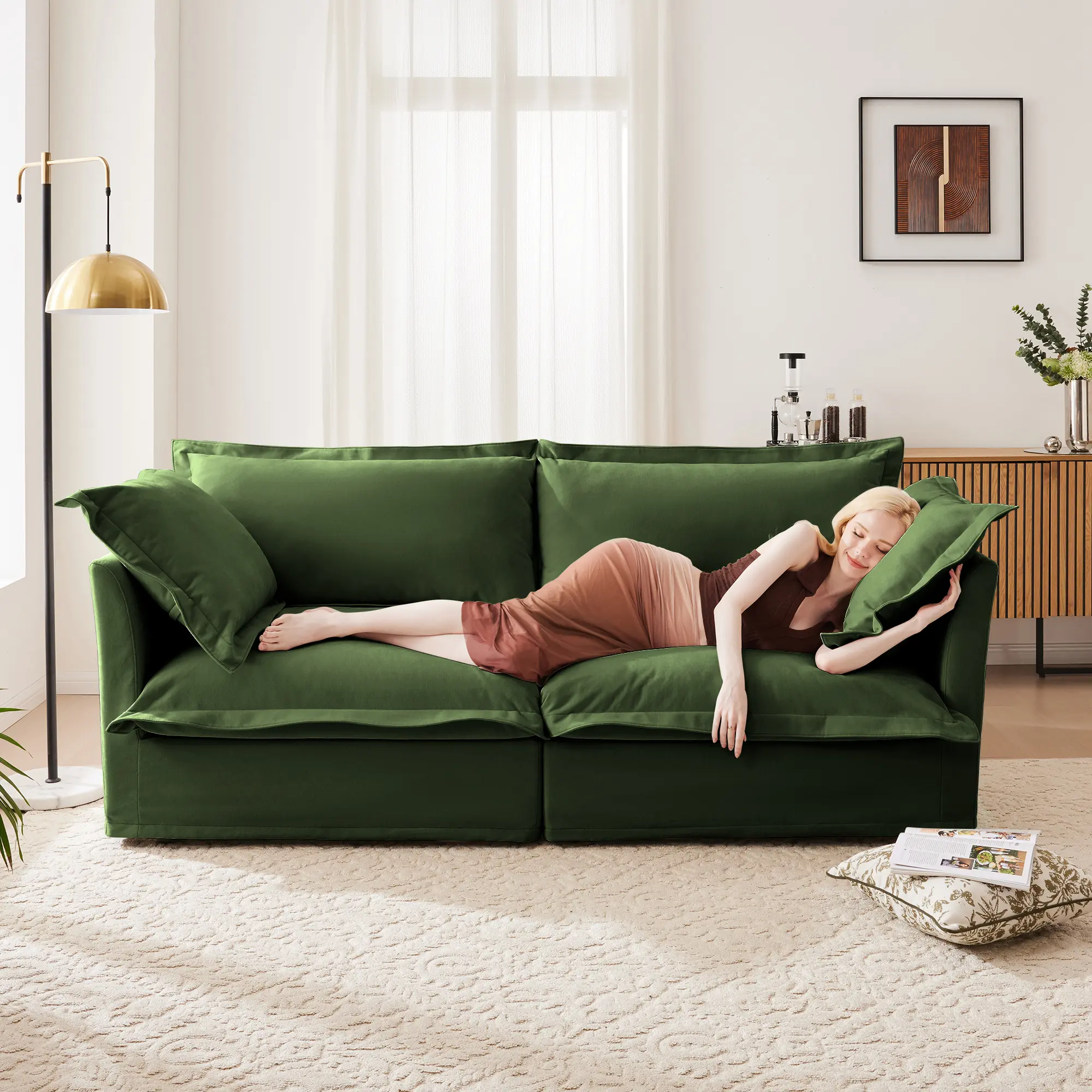 Nokaa Modern Slipcovered 2-Seat Sofa Couch for Living Room, 2 Seater Deep Seat Sofa with Plain Chenille Upholstered Cushion & Detachable Cover, Comfy Sofa Couch for Small Space Apartment, Green