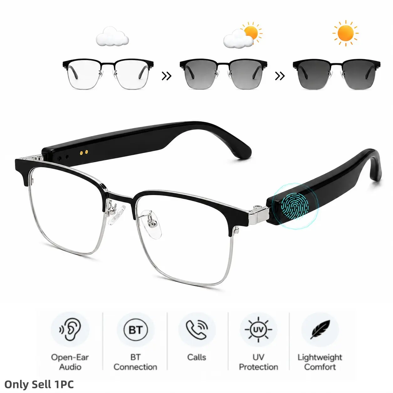 Photochromic Smart Glasses with Bluetooth Audio, Open-Ear Music, Hands-Free Calling, Touch Control, UV400 Protection,Voice Assistant,Photochromic Glasses for Men & Women