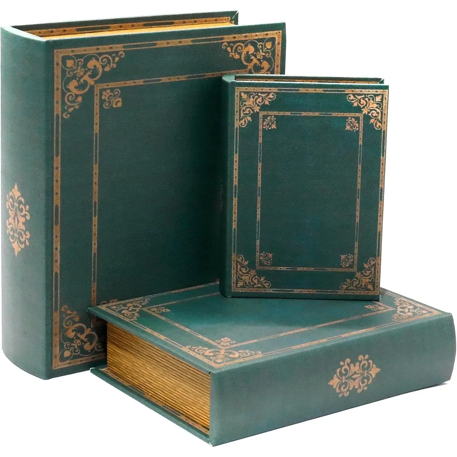 Wooden Decorative Book Boxes 3-Pack - Vintage Style Secret Storage Boxes Handcrafted Wooden Storage Containers with Rustic Magnetic Closure for Jewelry & Keepsakes (Vintage Green)