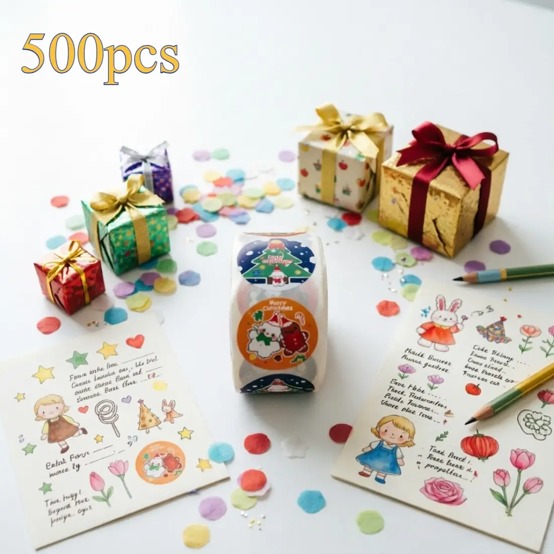 Cute cartoon Christmas circular sticker roll 500pcs gingerbread man Christmas tree self-adhesive label Christmas gift envelope sealed children's party scrapbook craft decorative stickers