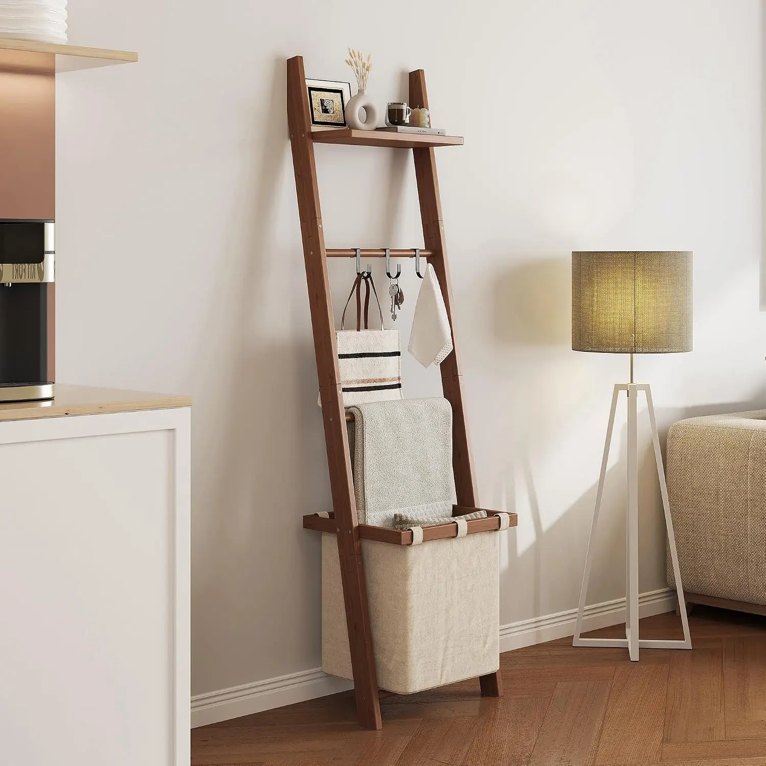 63"  Blanket Ladder with Shelf, Fabric Storage Basket and 5 Hooks, 4 Tier Leaning Blanket Rack,  Towel Ladder Rack, Decorative Quilt Rack Holder for Living Room Bedroom Bathroom, Walnut