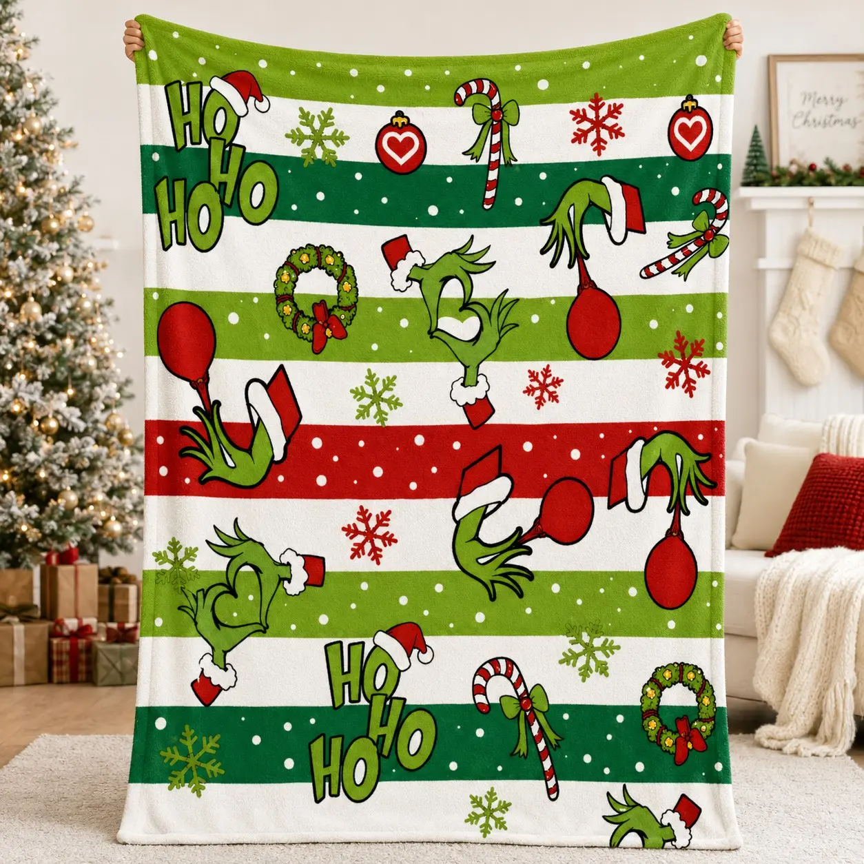 Grinch Christmas Plaid Flannel Blanket, Grinch Hand, Heart Gesture, Santa Ball, Candy Cane, Wreath, Snowflake Print, Soft and Lightweight