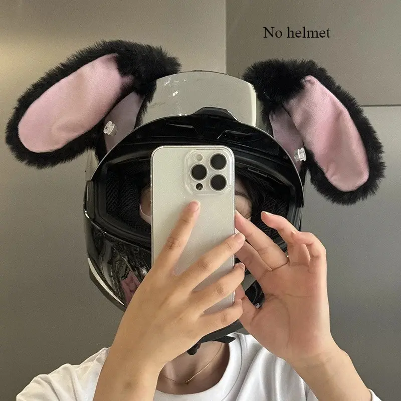 Cute Fun Plush Bunny Ear Helmet Decoration, Adhesive No-Trace Bike Riding Accessory, Photo Prop for Motorcycle Helmets