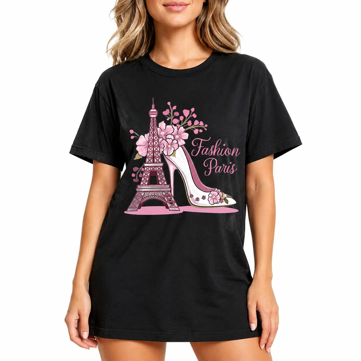 Stylish Graphic T-Shirt Featuring The Eiffel Tower And High Heels for Women, Designed with Short Sleeves And a Crew Neck, Offering a Relaxed Fit. Ideal for Casual Outings in The Summer And Spring