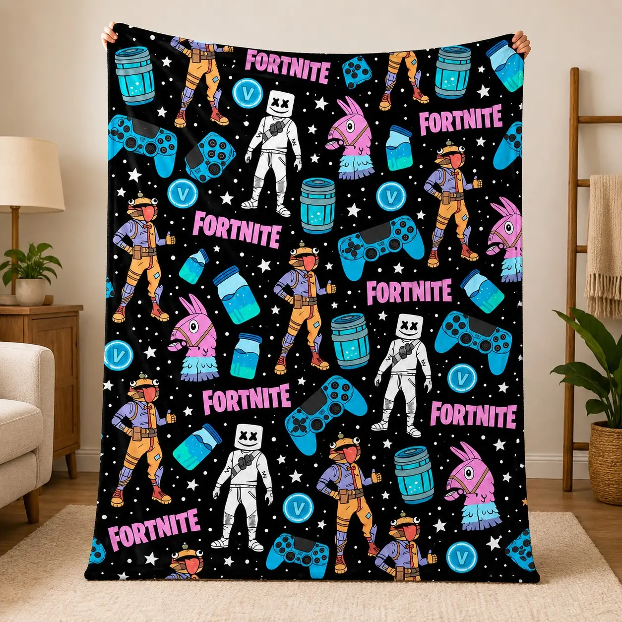 Fortnite Gaming Flannel Blanket, Character Controller Llama and V-Bucks Print, Soft Lightweight Cozy Throw for Sofa, Bedroom, Naps, Gamer Gifts