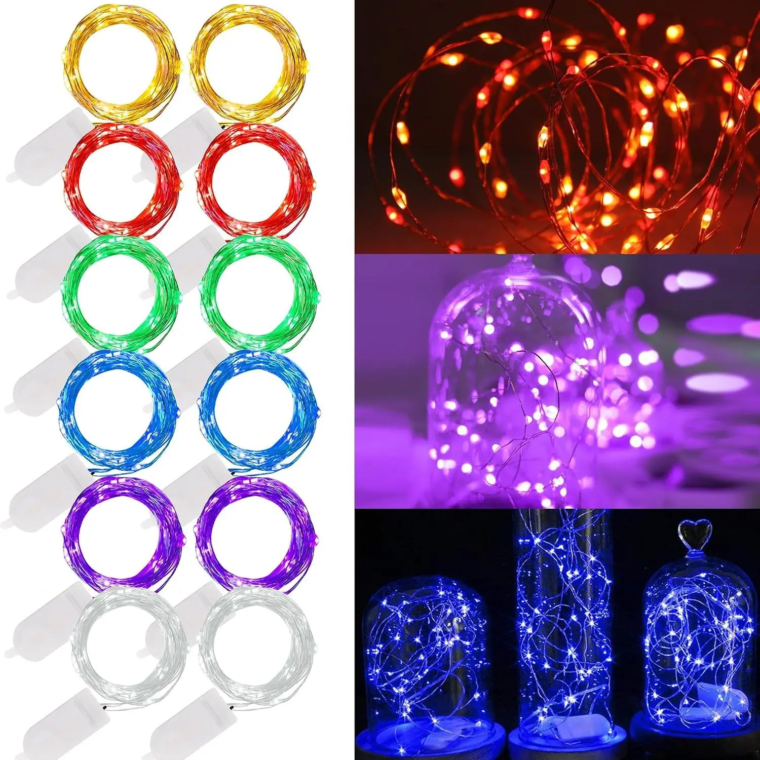 12 Pack Fairy Lights  Operated (Included), 7 ft 20 LED Mini String Lights,   Wire   Lights for DIY Wedding Christmas Party Mason Jars Decor, Multicolor