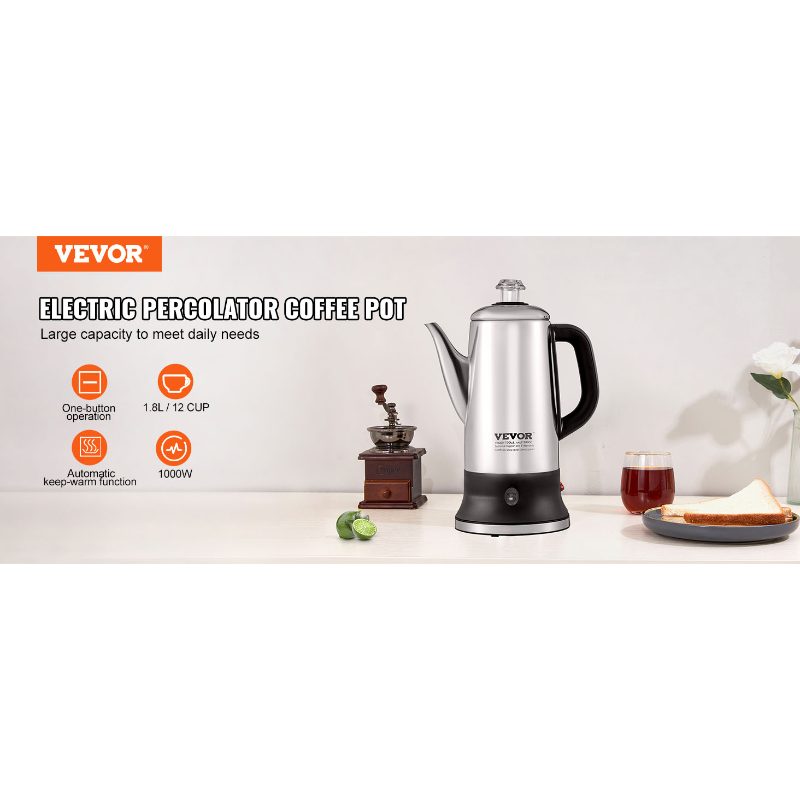 VEVOR 12-Cup Electric Percolator Coffee Pot, 304 Stainless Steel Coffee Percolator with Keep Warm Function Heat-Resistant Handle, Classic Coffee Maker, Quick Brew Easy-Pour Spout, Silver VEVOR 12-Cup Electric Percolator Coffee Pot, 304 Stainless Steel Coffee Percolator with Keep Warm Function Heat-Resistant Handle, Classic Coffee Maker, Quick Brew Easy-Pour Spout, Silver
