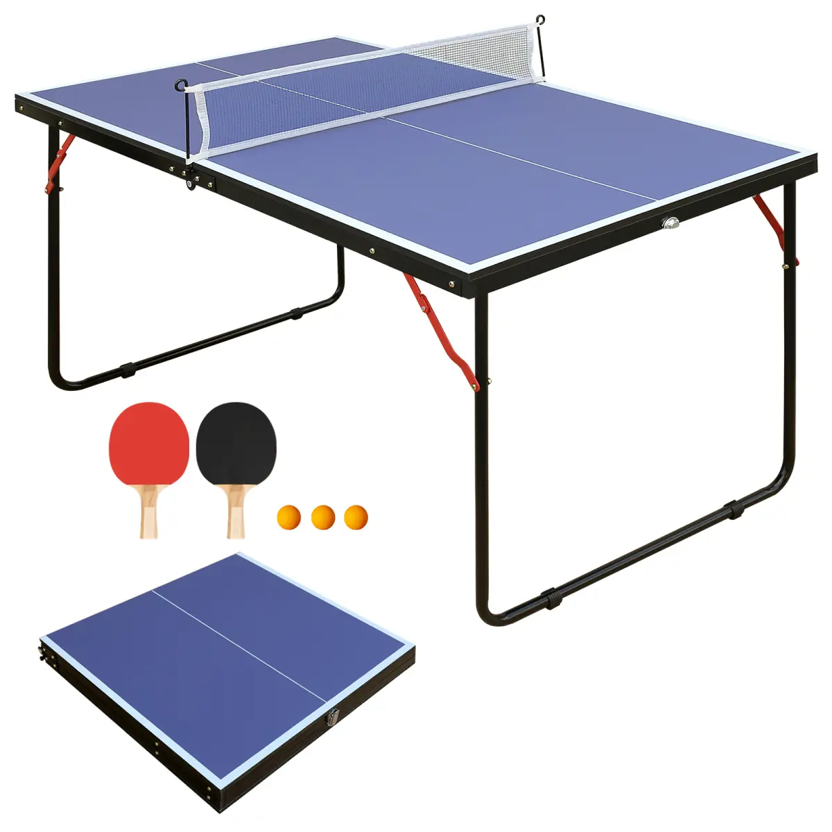 [Fahuac] 4.5FT Foldable Ping Pong Table, Blue Portable Table Tennis Table with Net, 2 Paddles and 3 Balls, Compact MDF Game Table with Carry Handle for Game Room, Apartment, Office