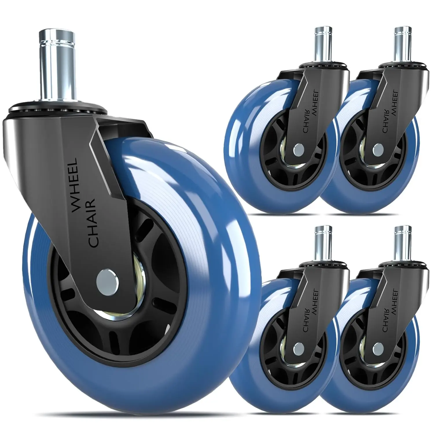 Office Chair Wheels ,3" Rubber Casters 7/16" Stem, fit for  Rolling/Gaming Chairs,Floor Protection for Carpet/Hardwood/Tile,Smooth&Quiet Rolling,Set of 5 (Blue)