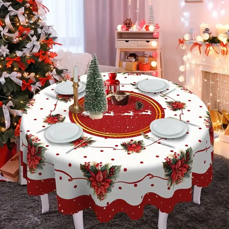2D Flat Party Tablecloth 1pc, Ribbon Floral Design, Reindeer Santa Cover, Round Tablecloth, Indoor Outdoor Decor, Christmas Decor, Home Kitchen Restaurant Party
