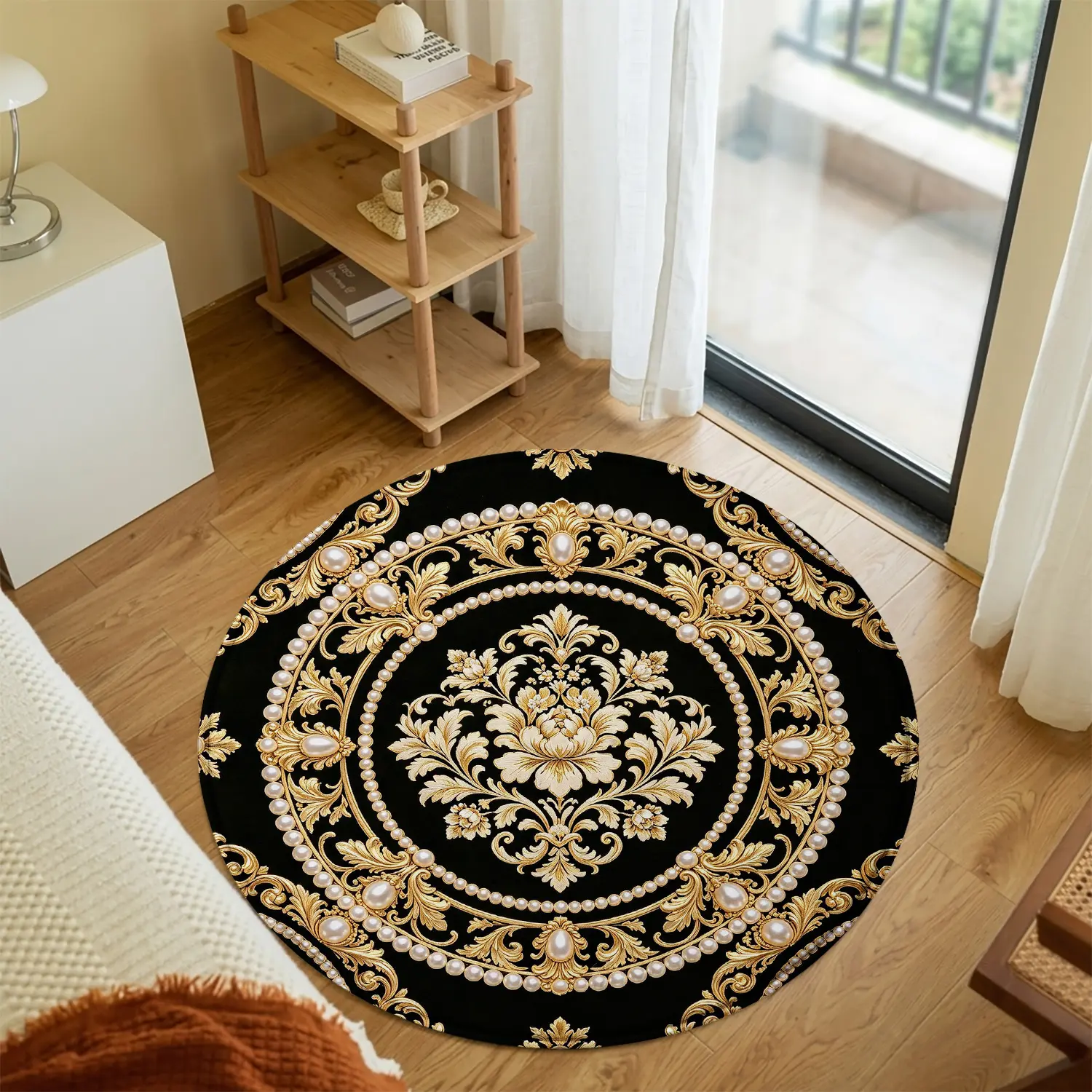 Luxury Black Gold Damask Round Area Rug for Living Room Bedroom, Elegant Baroque Floral Medallion Circular Carpet, Non-Slip Soft Washable Floor Mat for Bedside Dining Table Armchair Office, Vintage Victorian Circle Rug Home Aesthetic Decor Large Playmat