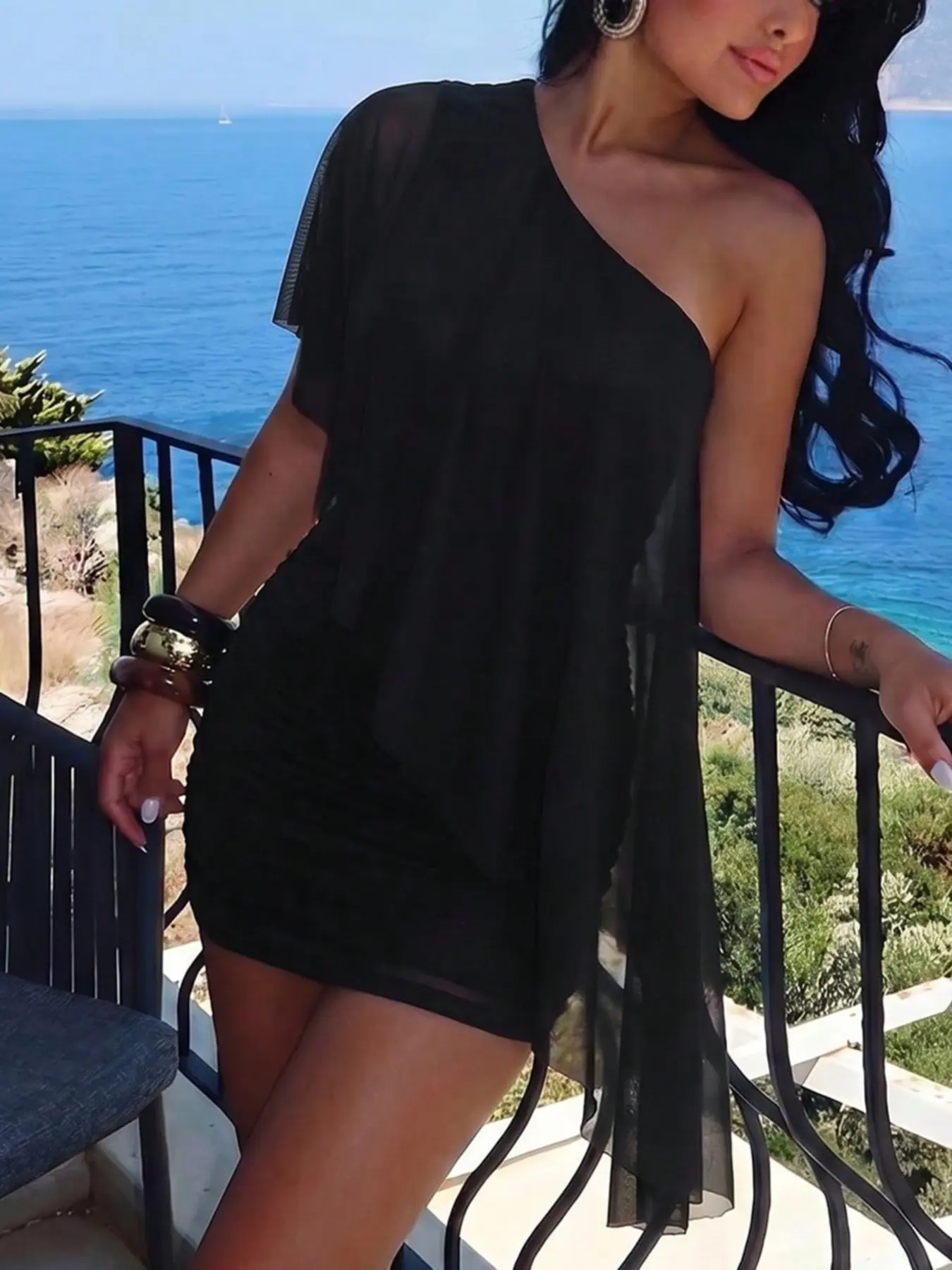 One Shoulder Mesh Frill Ruched Mini Dress Women Sexy Ocassion Wear Club Party Bodycon Dress
