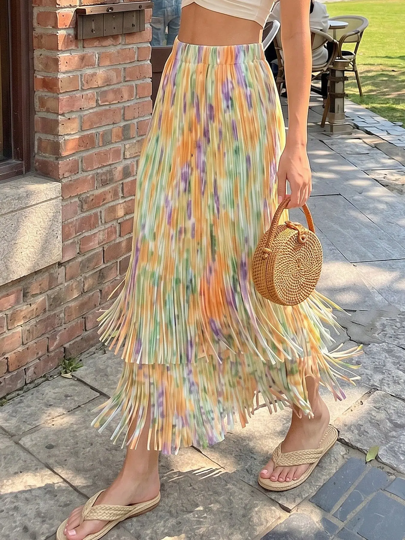 Women's Midi Skirt, Summer 2026 New Arrival, Boho Style Tiered Dress, Beach Date Birthday Print Gradient, Elegant Pleated Skirt, Long Sleeveless Design