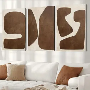 3-piece set of large modern abstract brown and beige canvas wall art - minimalist geometric triptych framed prints, with recycled wood frame, neutral tones, ready-to-hang large wall decoration, suitable for living room, bedroom, office - beige and brown n