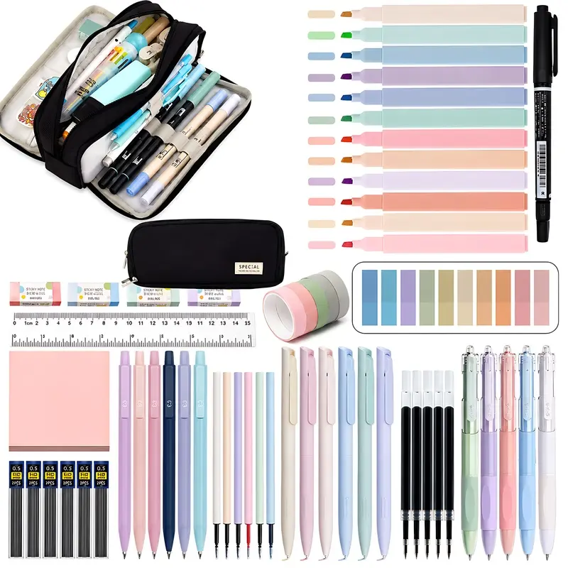 56 PCS Stationery Set with Pencil Case, Complete Writing Supplies Kit Featuring Gel Pens, Ballpoint Pens, Mechanical Pencils, Highlighters, Erasers and Office Essentials