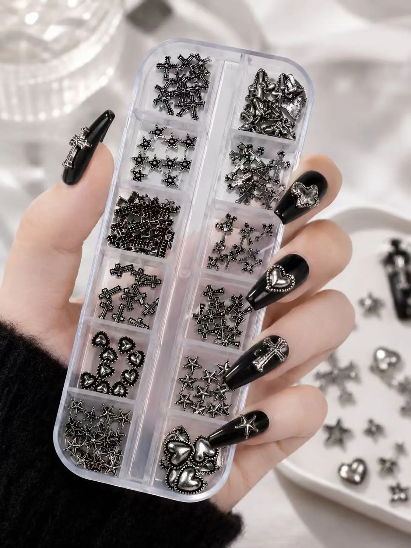 12 compartments (120 pieces) vintage alloy nail art decoration set, nail decoration set with heart, star, and cross metal ornaments, punk style, nail art decorations, nail accessories, nail stickers, Nail Jewels, Nail Charms