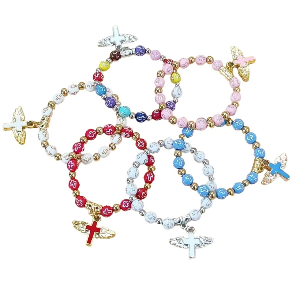 Faith-Inspired Beaded Bracelet with Angel Wing & Cross Charms, High-Quality Acrylic Accessory for Men & Women, Adjustable & Lightweight for Daily Wear, High Quality Bracelet, Gift, Acrylic & Alloy, Neutral Colors, Symbolic Charm