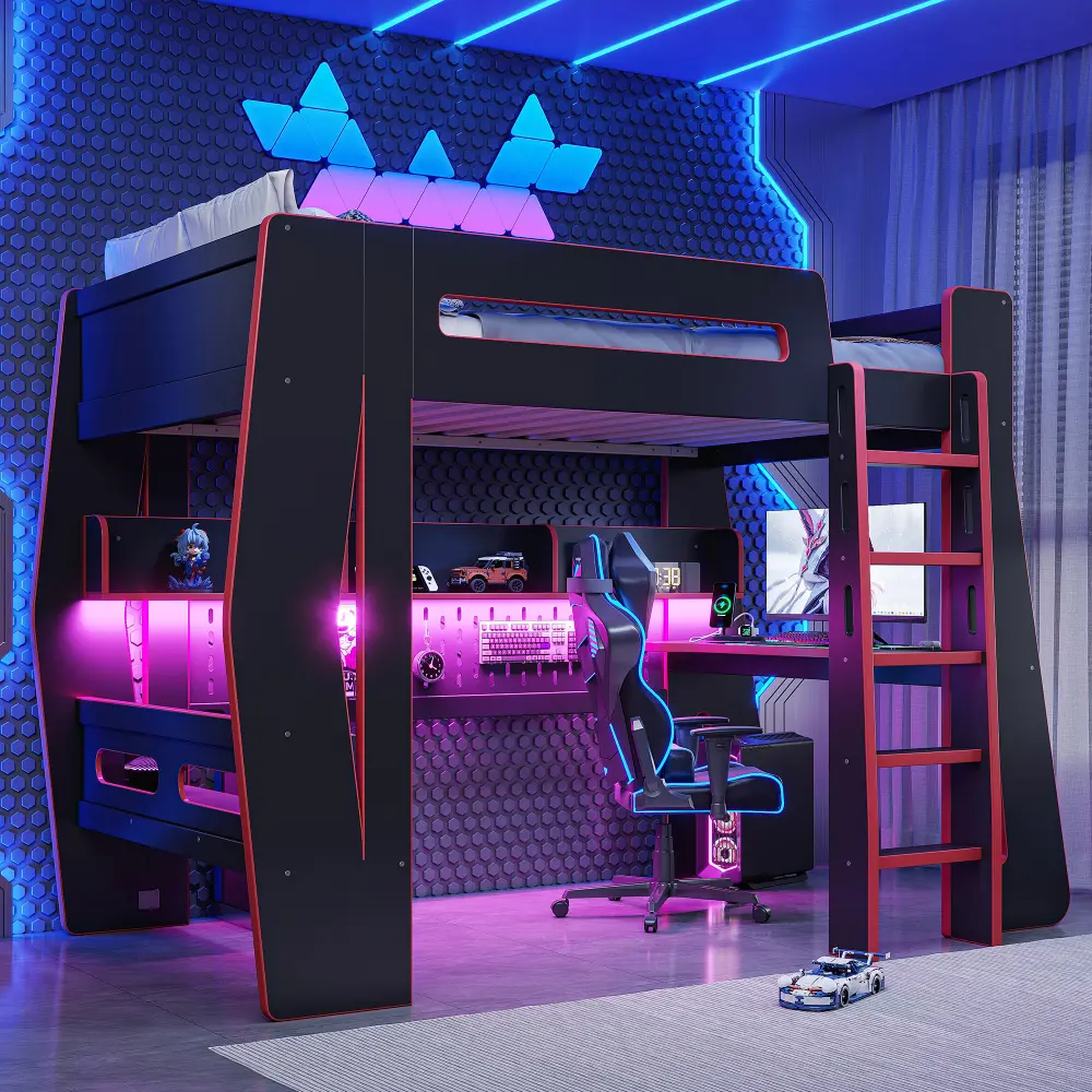 **Twin Size Gaming Loft Bed with Desk, Storage and LED Lights, Space-Saving Small-Space Furniture for Dorm Rooms and Compact Bedrooms, Black and Green MDF, Pine and Plywood Frame**