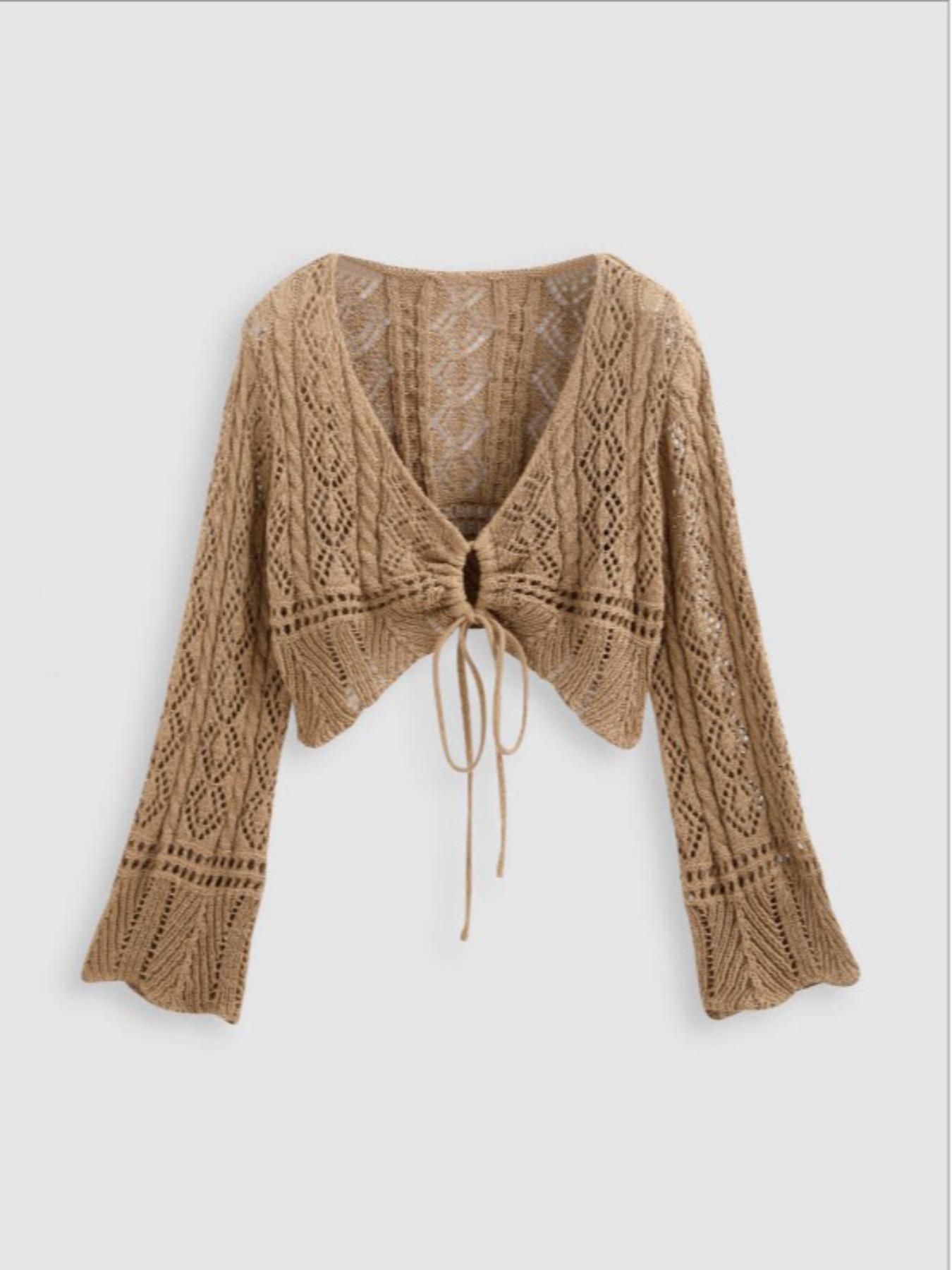 【Plus Size】 Hollow Out Drawstring Sheer Cardigan, Casual Flounce Sleeve V Neck Knitwear Top for Spring & Fall, Women's Plus Clothing for Daily Wear