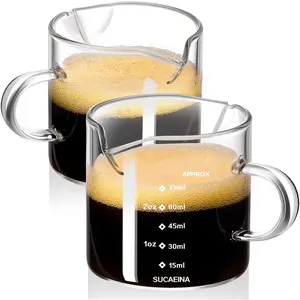 Espresso Cups Set of 2 with Handle, 2.5 OZ Double Spout Espresso Shot Cups Glass Measuring Cup with  Scale, Espresso Shot Glass with V-Shaped Mouth, Espresso Accessories