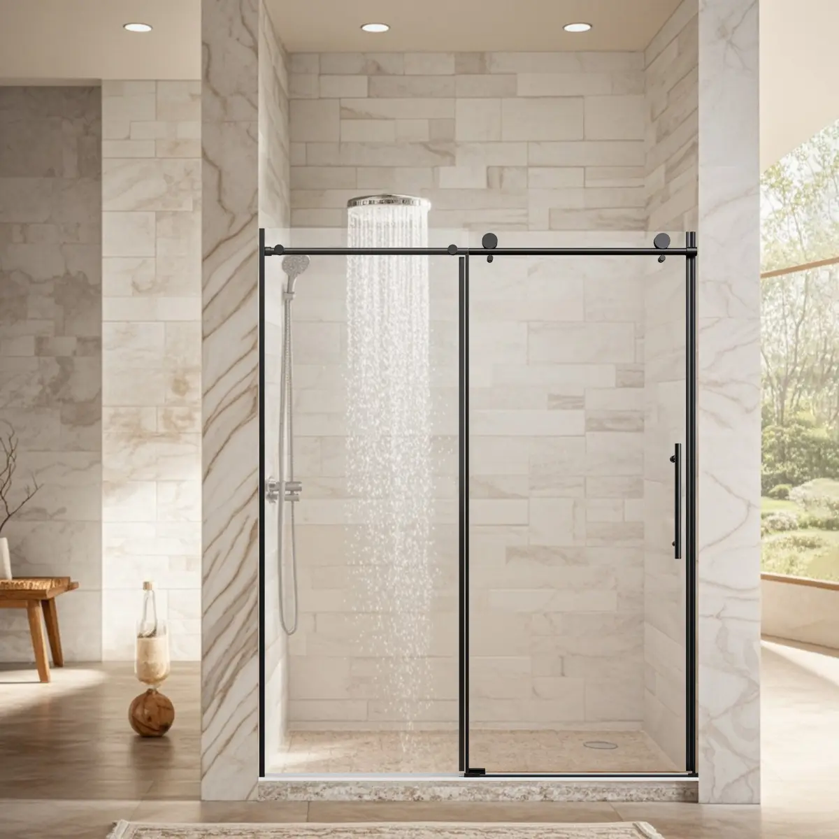 56-60" W x 76" H Single Sliding Shower Enclosure – Frameless Stainless Steel Round Tube Design, 6mm SGCC Tempered Safety Glass, Brushed Nickel Hardware, Reversible Installation, Easy-Clean Surface