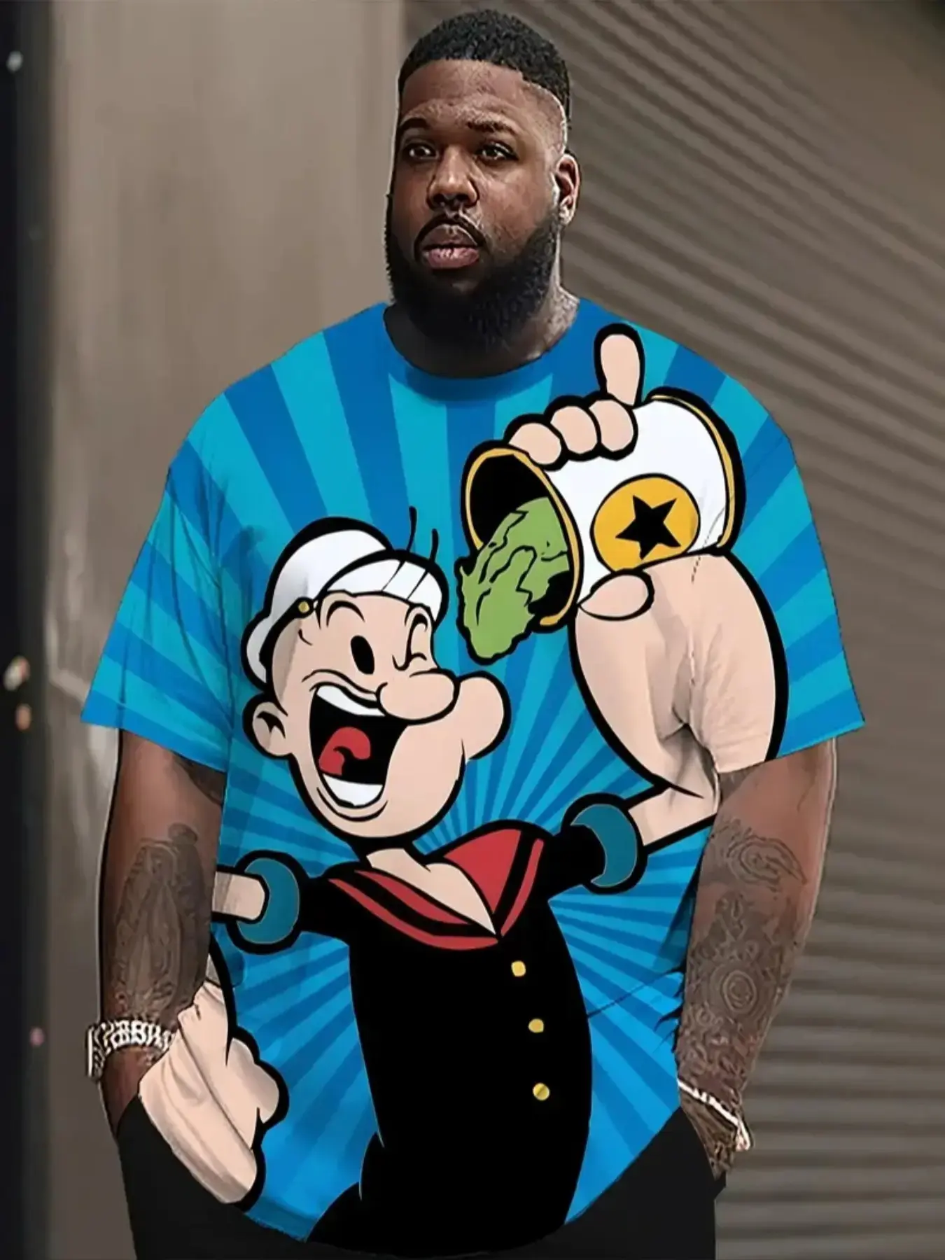 Men's Hawaiian Style Tropical Casual Streetwear Short Sleeve Long T-Shirt, Breathable 3D Printing Round Neck Shirt, Popeye Pattern, Loose Fit, All Seasons Clothing, Casual Beach Style, Menswear
