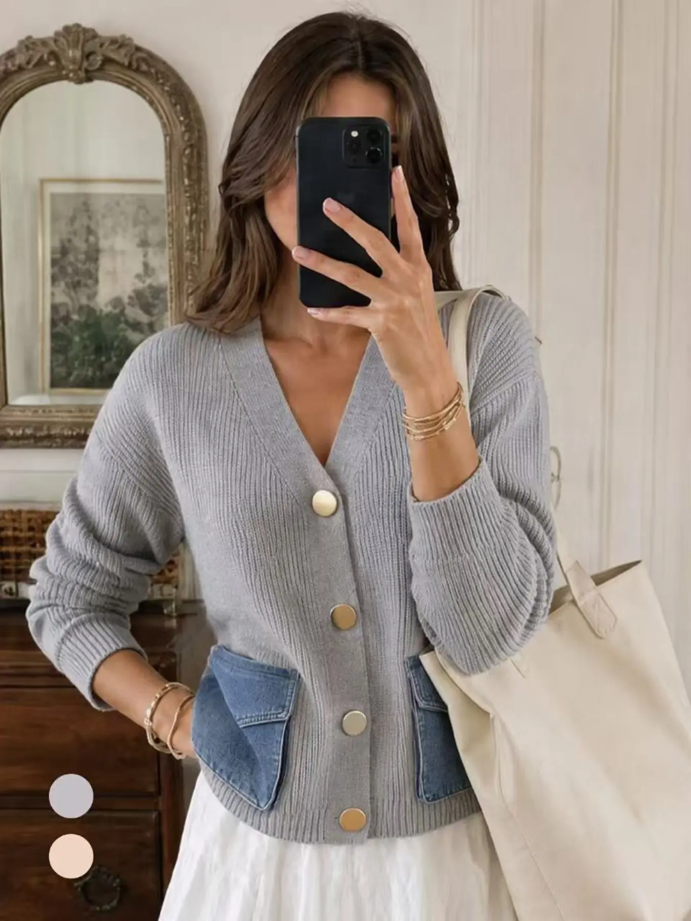 Women's Pocket Knit Cardigan, V Neck Metal Button Loose Fit, Long Sleeve Medium Length Sweater for Autumn Winter Casual Wear