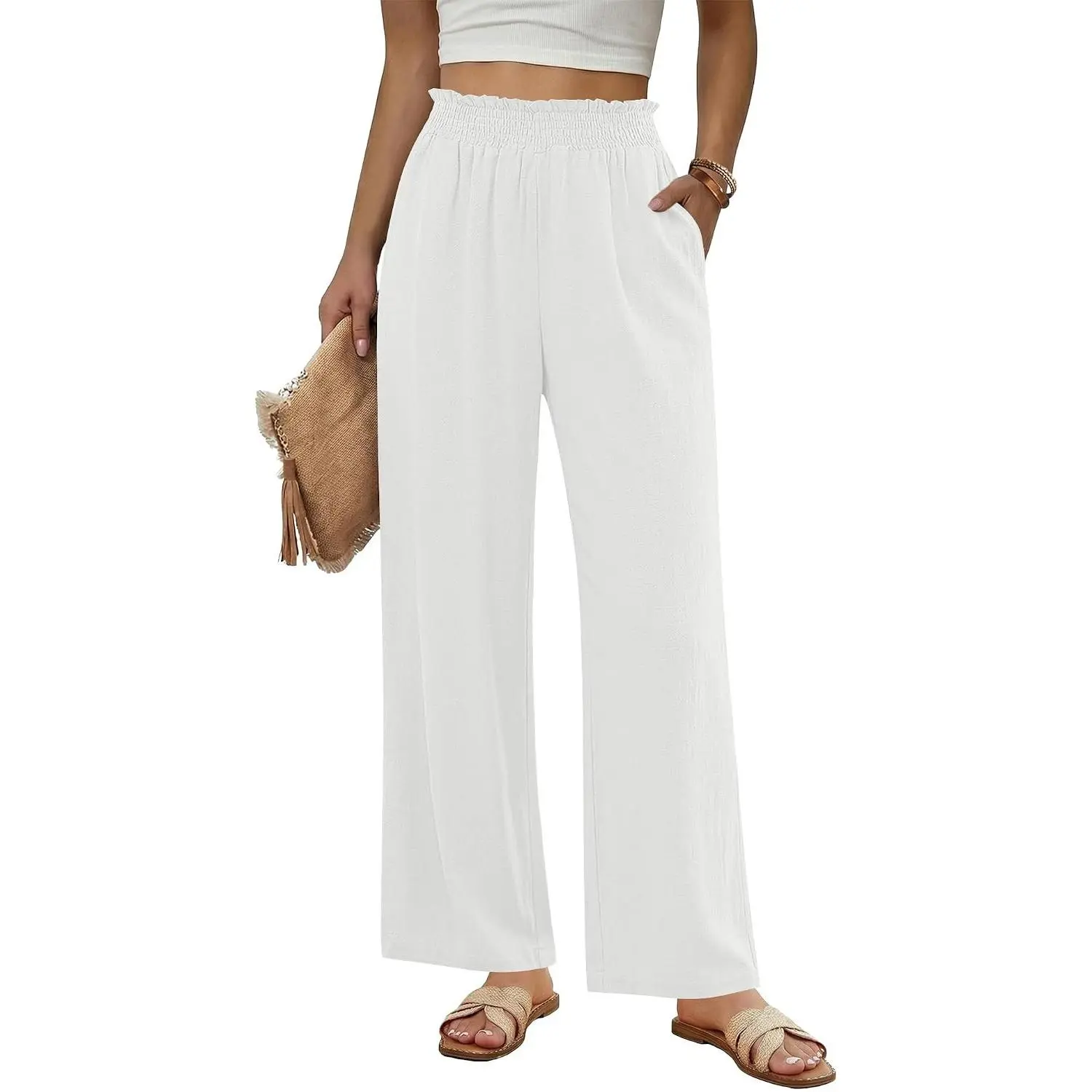 Linen Pants for Women Wide Leg High Waisted Paper Bag Smocked Waist Casual Summer Beach Vacation Palazzo Pants