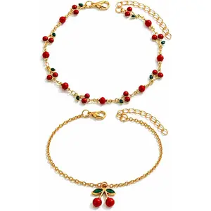 Boho Anklet for Women, Vintage Ethni Chain Ankle with Free Beige Drawstring Storage Pouch, Adjustable Summer Beach Vacation Party Cherry Jewelry for Women