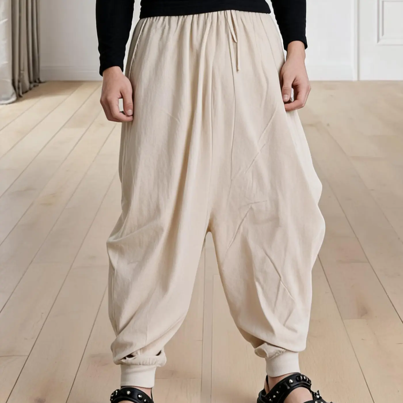 Men's Drop Crotch Harem Pants - Elastic Drawstring Waist Loose Jogger Cuff Hippie Casual Trousers