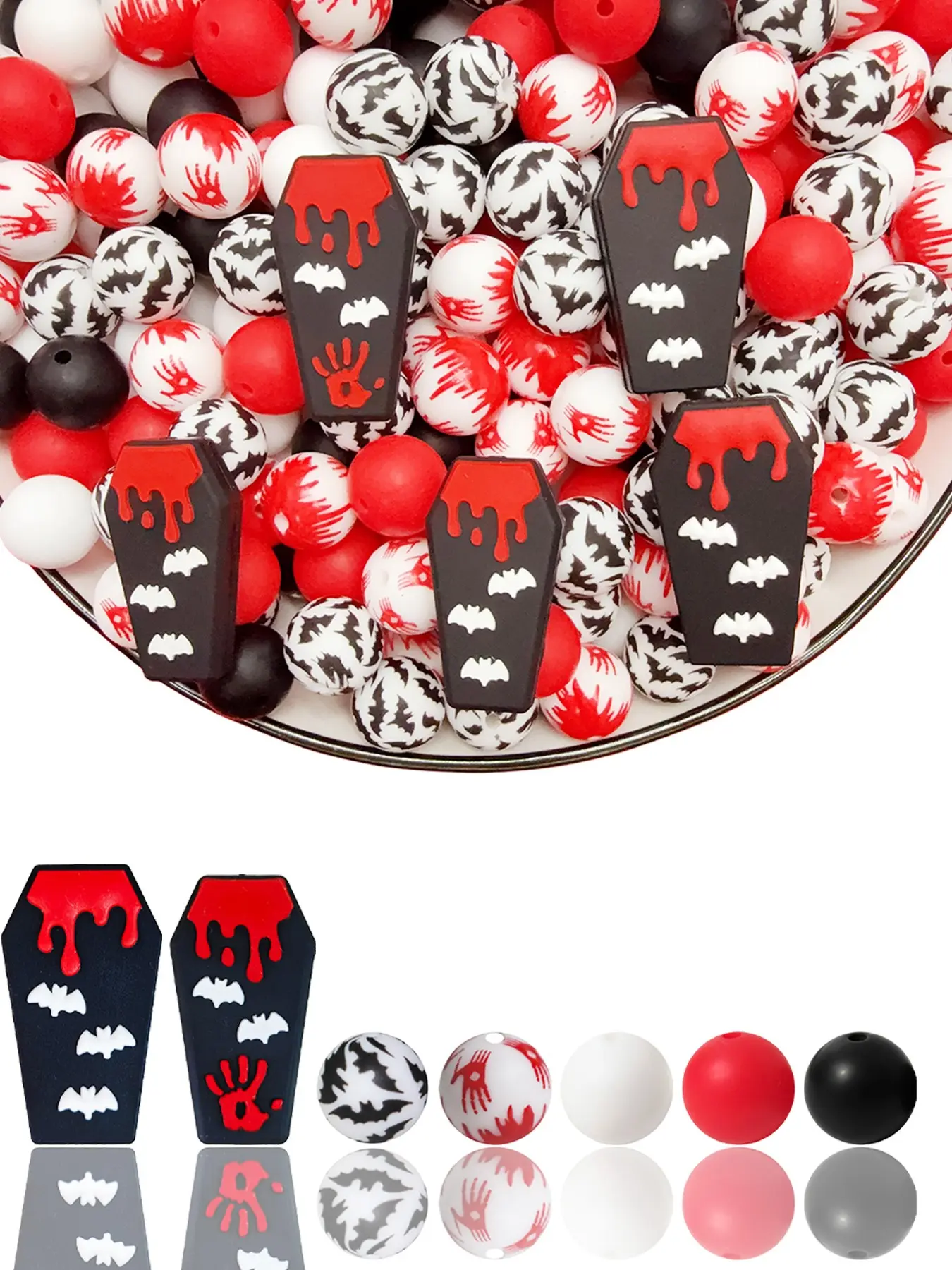 28pcs Halloween Coffin Silicone Beads Set, Dark Theme Blood Dropping Bat Handprint, Beads, Ideal for DIY Jewelry Making
