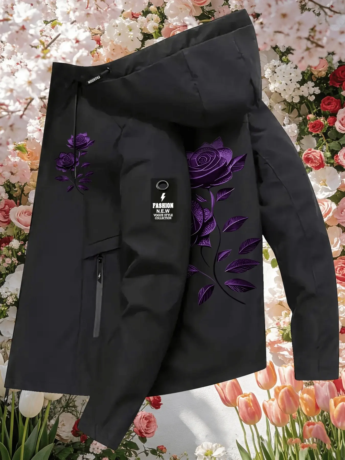 Women's Hooded Windbreaker Casual Outerwear Jacket Double sided Purple Rose Print Jacket Two Color Options Hooded Loose All Season Warm Jacket Ideal for Daily Commute Hiking Climbing Wear Skin Friendly Breathable Machine Washable Plussize